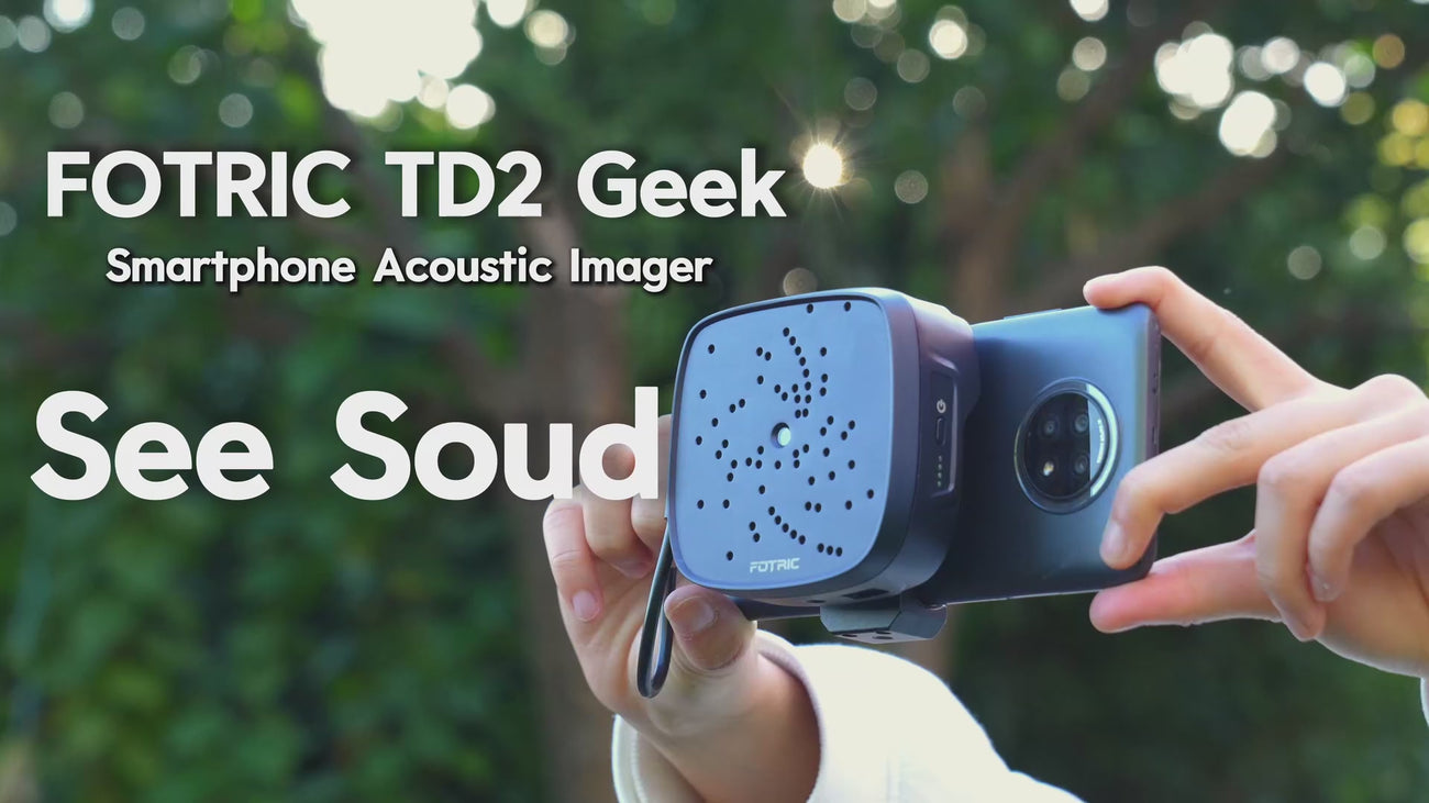 FOTRIC TD2 Geek acoustic imaging camera with 64 MEMS digital microphones, compatible with Android smartphones for noise detection, 2–50 kHz frequency range and 66°×52° field of view